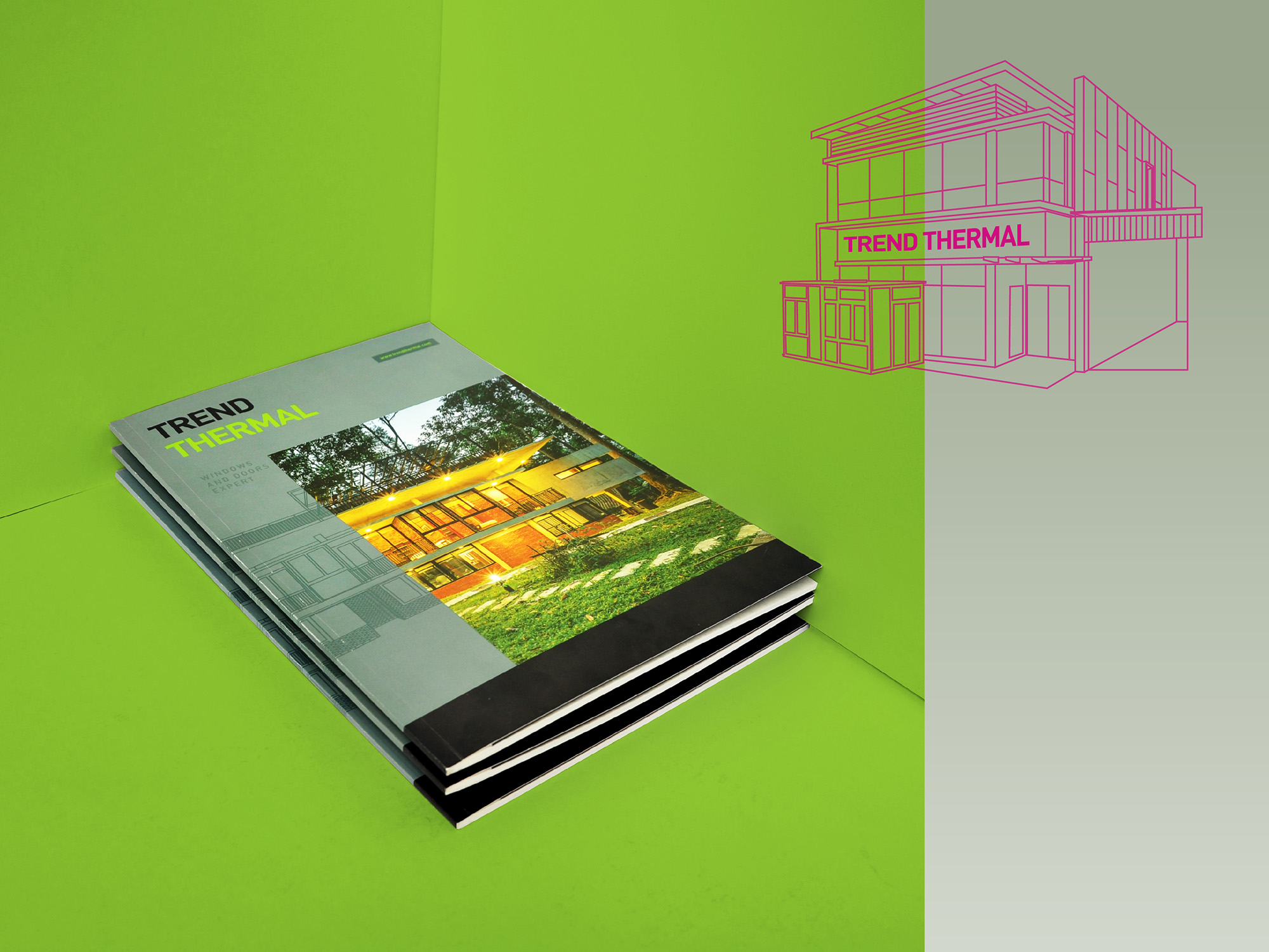 Trend Thermal company profile and catalogue cover design using brand colours of green and black with architecture photography and spot uv treatment against a green background and headquarter building illustration on the top right